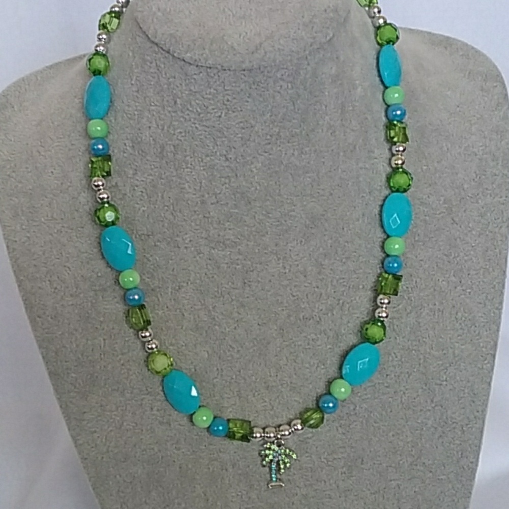 Palm tree green and blue beaded necklace